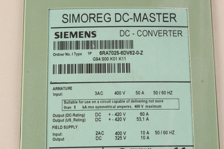 6RA7025-6DV62-0-Z SIEMENS SIMOREG G94 S00 K01 K11