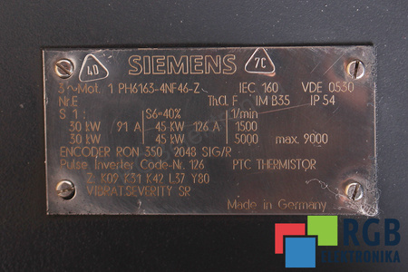 1PH6163-4NF46-Z Z:K09 K31 K42 L37 Y80 SIEMENS AC MAIN SPINDLE MOTOR 1PH6