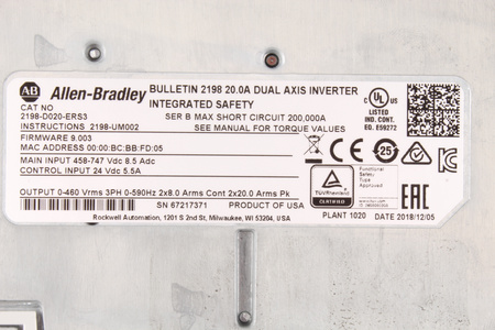 2198-D020-ERS3 ALLEN BRADLEY BULLETIN 2198 20.0A DUAL AXIS INVERTER