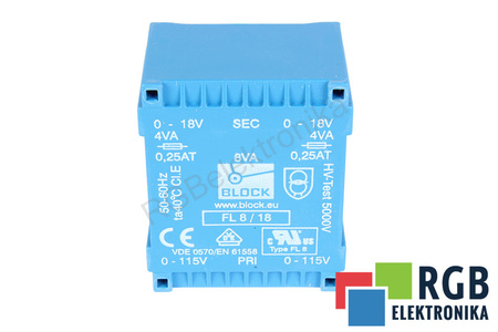 FL8/18 BLOCK 2 X 115V, 2 X 18V, 8 VA, 50HZ / 60HZ TRANSFORMATEUR